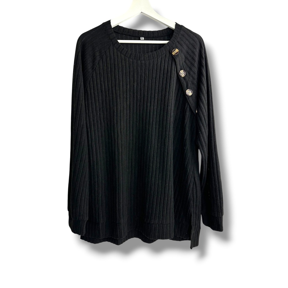 Womens Black Ribbed Knit Long Sleeve Top XL Button Shoulder Detail Crew Neck